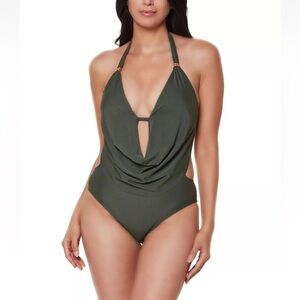 Bar III Swimsuit Solid Cowlneck, One-Piece Color RainForest Green, Size Med NWOT